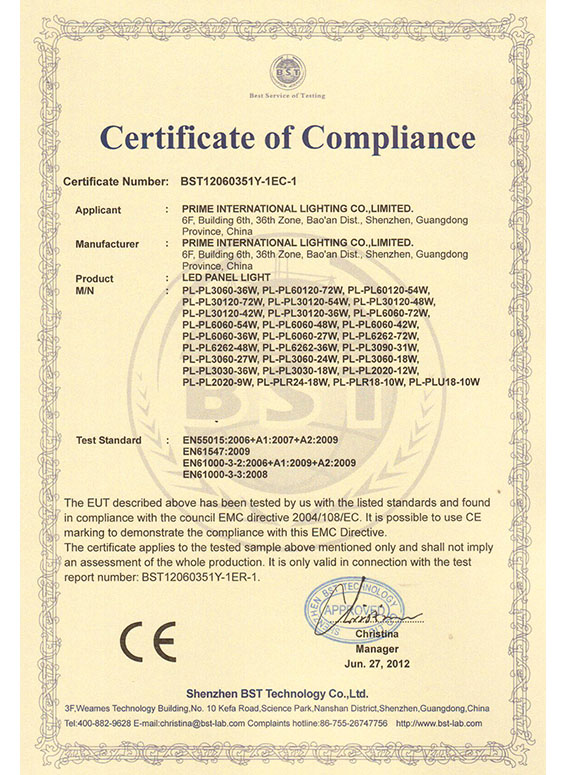 LED PANEL LIGHTS CE EMC certificate